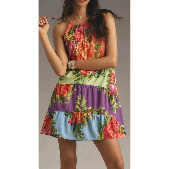 NWT Size S - Farm Rio 100% Cotton Halter Floral Tiered Mini Dress (NWT US$ 188) - Picture 7 of 15